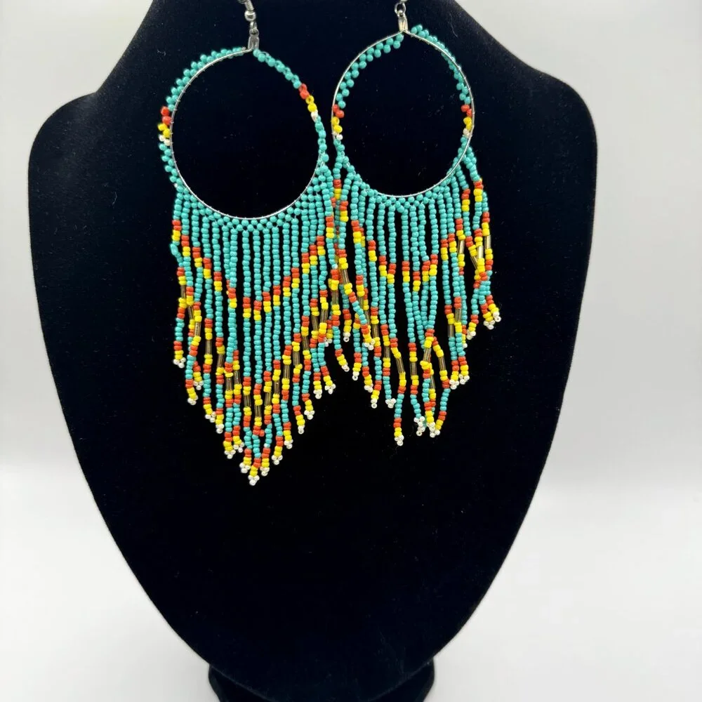 Women  Blue | Orange Yellow Beaded Earrings - Picture 2 of 3